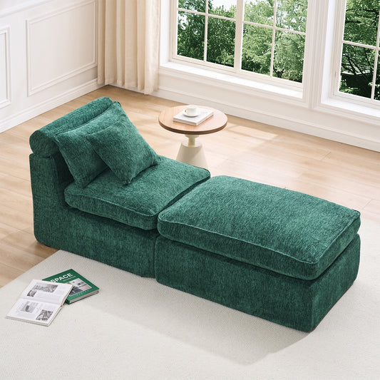 Hvoonc 27.3" Modular Lounge Accent Chair with Ottoman, Boneless Chenille Cloud Chair in a Box with 23.6" Deep Seat, Dark Green