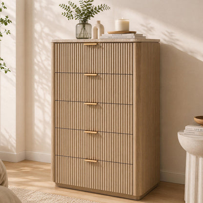 Hvoonc 5 Drawer Tall Dresser with Faux Marble Top, Fluted Wooden Chest of Drawers for Bedroom Small Spaces, Natural Oak
