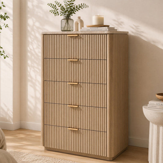Hvoonc 5 Drawer Tall Dresser with Faux Marble Top, Fluted Wooden Chest of Drawers for Bedroom Small Spaces, Natural Oak