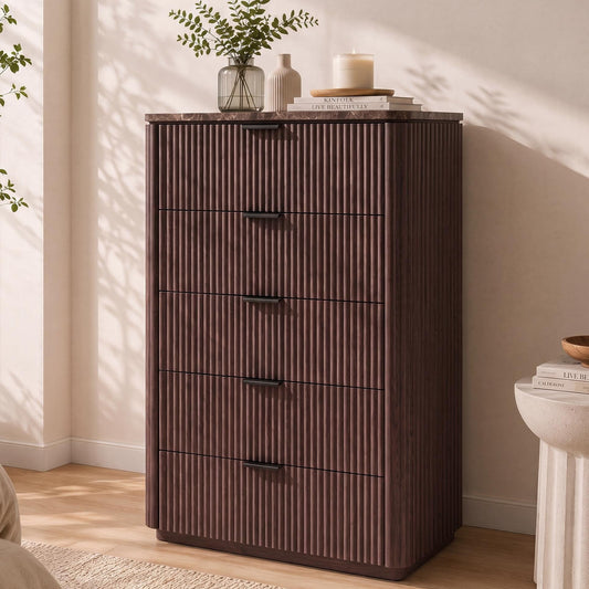 Hvoonc 5 Drawer Tall Dresser with Faux Marble Top, Fluted Wooden Chest of Drawers for Bedroom Small Spaces, Natural Oak