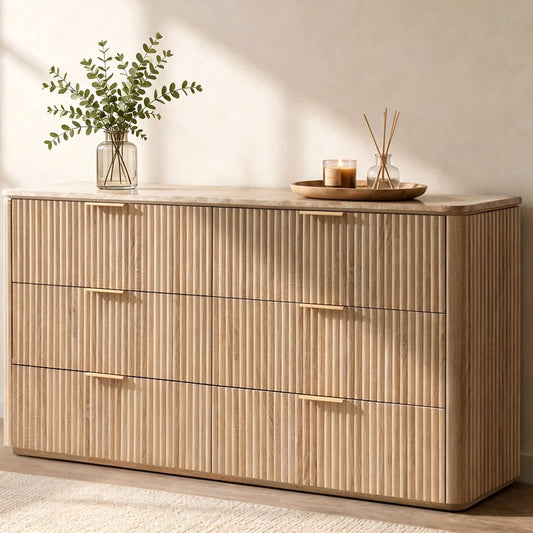 Hvoonc 54.5" Wide 6 Drawer Dresser for Bedroom with Faux Marble Top, Modern Curved-Corner Fluted Oak Storage Cabinet