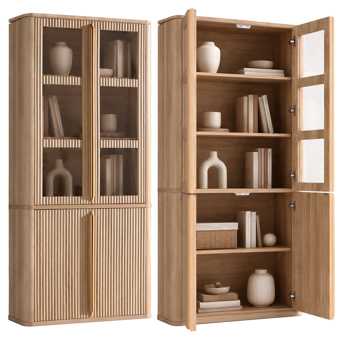 Hvoonc Set of 2 77" Tall Fluted Accent Storage Cabinet with Glass Doors and Shelves, Kitchen Pantry Cabinet Organizer, Natural Oak