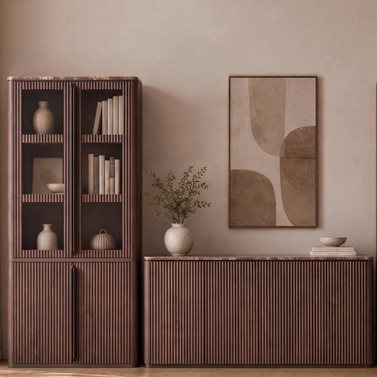 Hvoonc Fluted Storage Cabinet Set, Tall Pantry Cabinet & Sideboard Buffet Cabinet with Faux Marble Top, Modern Dining Room Furniture, Walnut Brown