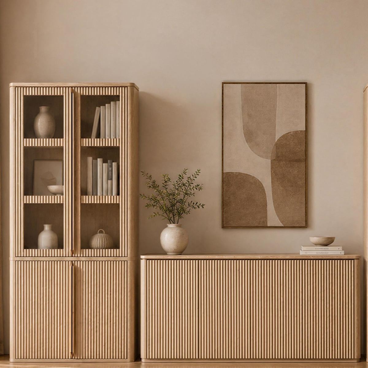Hvoonc Fluted Storage Cabinet Set, Tall Pantry Cabinet & Sideboard Buffet Cabinet with Faux Marble Top, Modern Dining Room Furniture, Natural Oak
