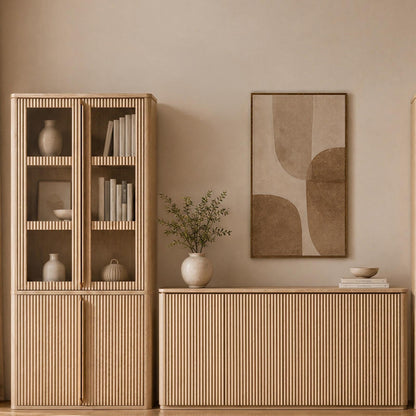 Hvoonc Fluted Storage Cabinet Set, Tall Pantry Cabinet & Sideboard Buffet Cabinet with Faux Marble Top, Modern Dining Room Furniture, Natural Oak