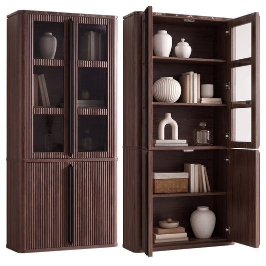 Hvoonc Set of 2 77" Tall Fluted Accent Storage Cabinet with Doors and Shelves, Kitchen Pantry Cabinet Display Glass for Dining Room Home Office, Walnut Brown
