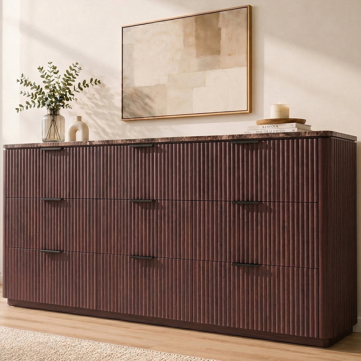 Hvoonc Dressers for Bedroom, 5 Drawer & 9 Drawer Fluted Dresser Set with Faux Marble Top, Modern Bedroom Storage Furniture, Walnut Brown