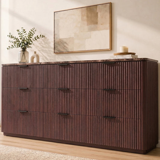 Hvoonc Dressers for Bedroom, 5 Drawer & 9 Drawer Fluted Dresser Set with Faux Marble Top, Modern Bedroom Storage Furniture, Walnut Brown