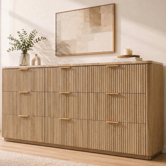 Hvoonc Dressers for Bedroom, 5 Drawer & 9 Drawer Fluted Dresser Set with Faux Marble Top, Modern Bedroom Storage Furniture, Natural Oak