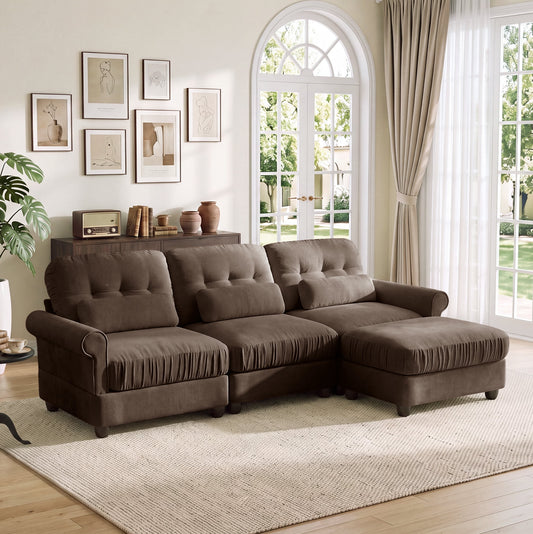 Hvoonc 98" Modular Sectional Sofa for Living Room, L Shaped Couch with Ottoman Chaise, Chenille Upholstery, Brown