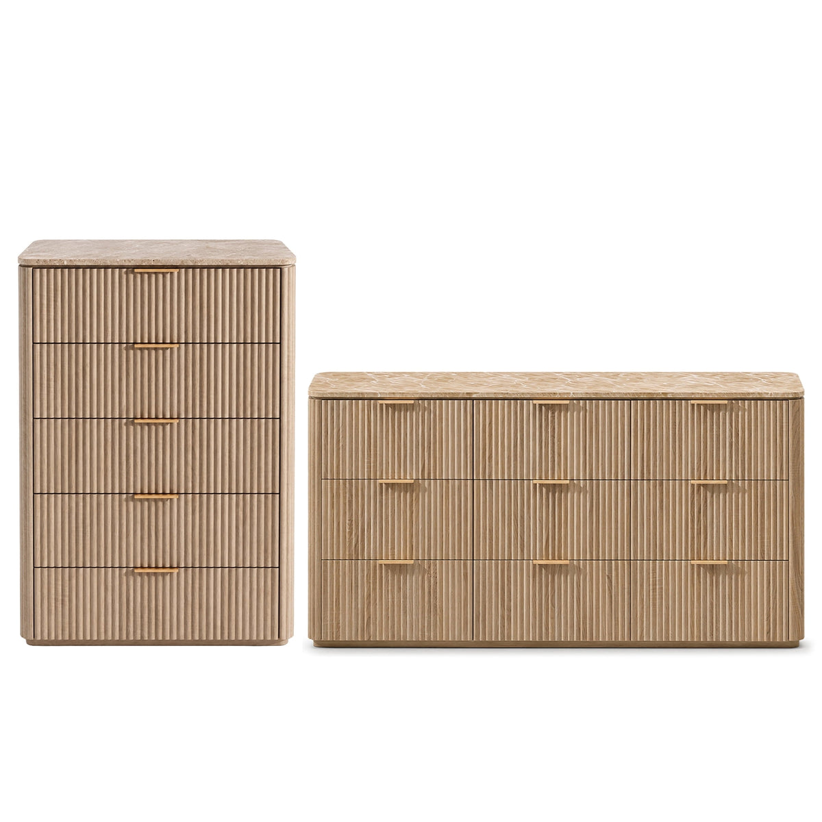Hvoonc Dressers for Bedroom, 5 Drawer & 9 Drawer Fluted Dresser Set with Faux Marble Top, Modern Bedroom Storage Furniture, Natural Oak
