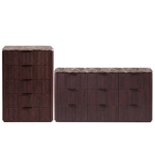 Hvoonc Dressers for Bedroom, 5 Drawer & 9 Drawer Fluted Dresser Set with Faux Marble Top, Modern Bedroom Storage Furniture, Walnut Brown