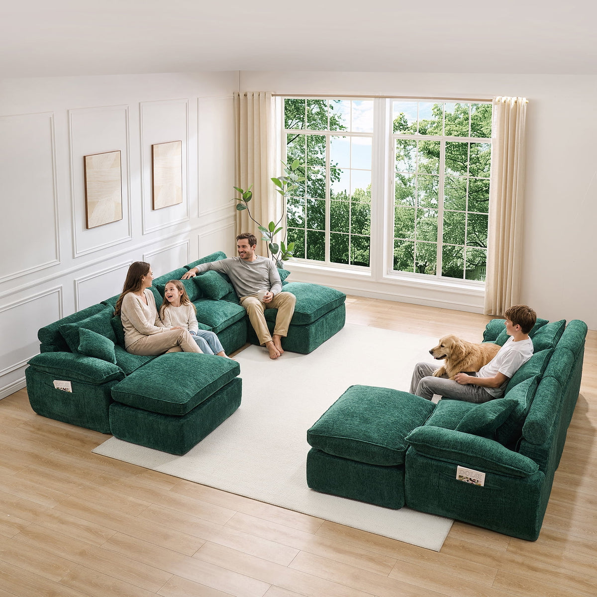 Hvoonc Extra Large Modular Sectional Couches for Living Room, Boneless Cloud Chenille Couch in a Box with 23.6" Deep Seats & 3 Ottomans, Dark Green