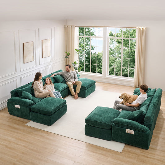 Hvoonc Extra Large Modular Sectional Couches for Living Room, Boneless Cloud Chenille Couch in a Box with 23.6" Deep Seats & 3 Ottomans, Dark Green
