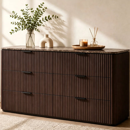 Hvoonc 54.5" Wide 6 Drawer Bedroom Dresser with Faux Marble Top, Modern Walnut Fluted Chest of Drawers for Storagewers for Storage