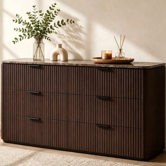 Hvoonc 54.5" Wide 6 Drawer Bedroom Dresser with Faux Marble Top, Modern Walnut Fluted Chest of Drawers for Storagewers for Storage