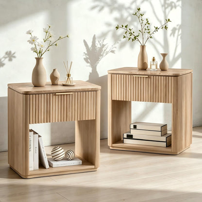 Hvoonc Fluted Wood Nightstands Set of 2, Faux Marble Top Bedside Tables with Drawer Storage for Bedroom, Natural Oak