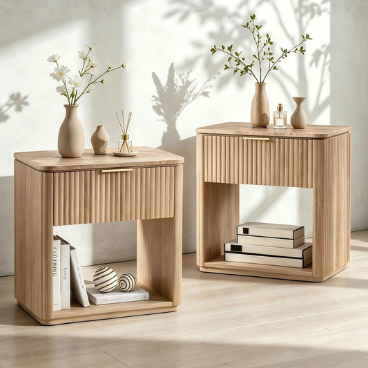 Hvoonc Fluted Wood Nightstands Set of 2, Faux Marble Top Bedside Tables with Drawer Storage for Bedroom, Natural Oak