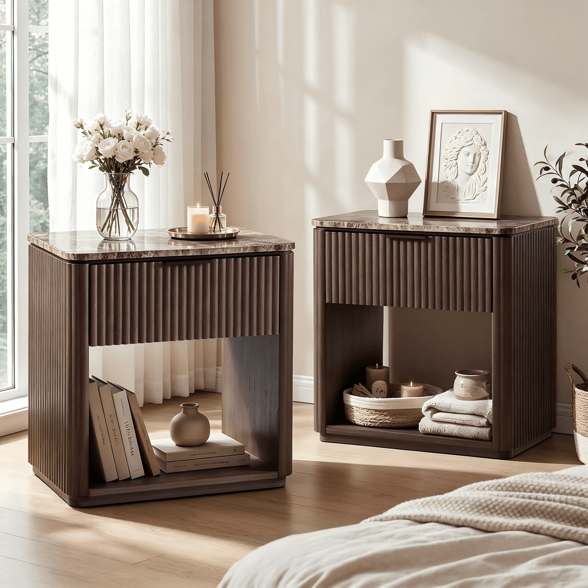 Hvoonc Fluted Wood Nightstands Set of 2, Faux Marble Top Bedside Tables with Drawer Storage for Bedroom, Walnut Brown