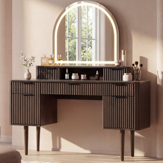 Hvoonc Makeup Vanity Desk with Mirror and Lights, 55.7” Large Fluted Dressing Table with 7 Drawers Storage for Bedroom, Walnut Brown