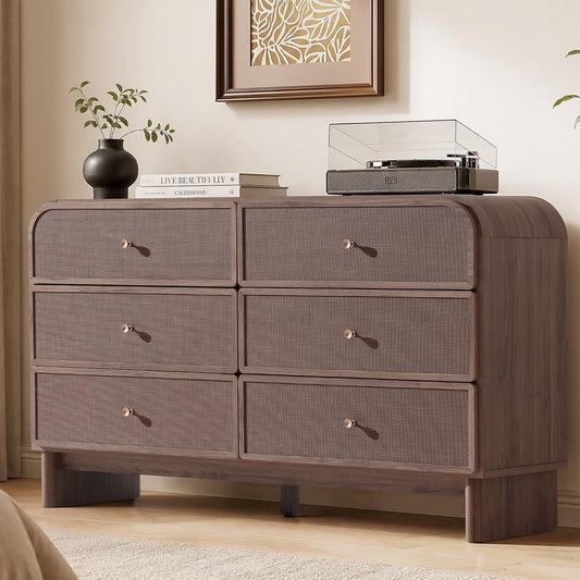 Hvoonc Modern Rattan 6 Drawer Dresser, 55.1" Wide Curved Chest of Drawers for Bedroom with Large Rounded Corners, Dark Oak