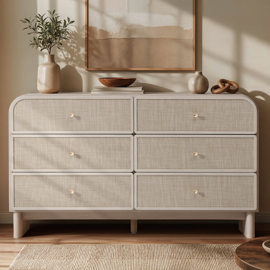 Hvoonc Modern Rattan 6 Drawer Dresser, 55.1" Wide Curved Chest of Drawers for Bedroom with Large Rounded Corners, Gray Oak
