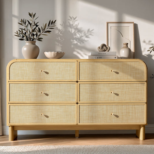 Hvoonc Modern Rattan 6 Drawer Dresser, 55.1" Wide Curved Chest of Drawers for Bedroom with Large Rounded Corners, Natural Oak