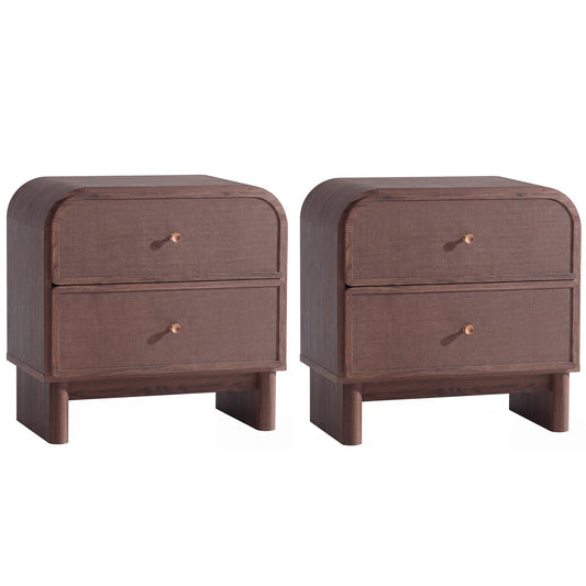 Hvoonc Nightstands Set of 2 with 2 Drawers, Large Rounded Rattan Bedside Tables with Storage, Modern End Tables for Bedroom, Dark Oak Wood Finish