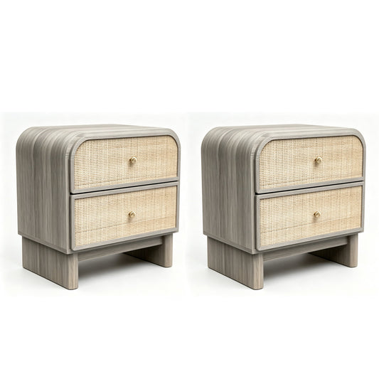 Hvoonc Nightstands Set of 2 with 2 Drawers, Large Rounded Rattan Bedside Tables with Storage, Modern End Tables for Bedroom, Gray Oak Wood Finish