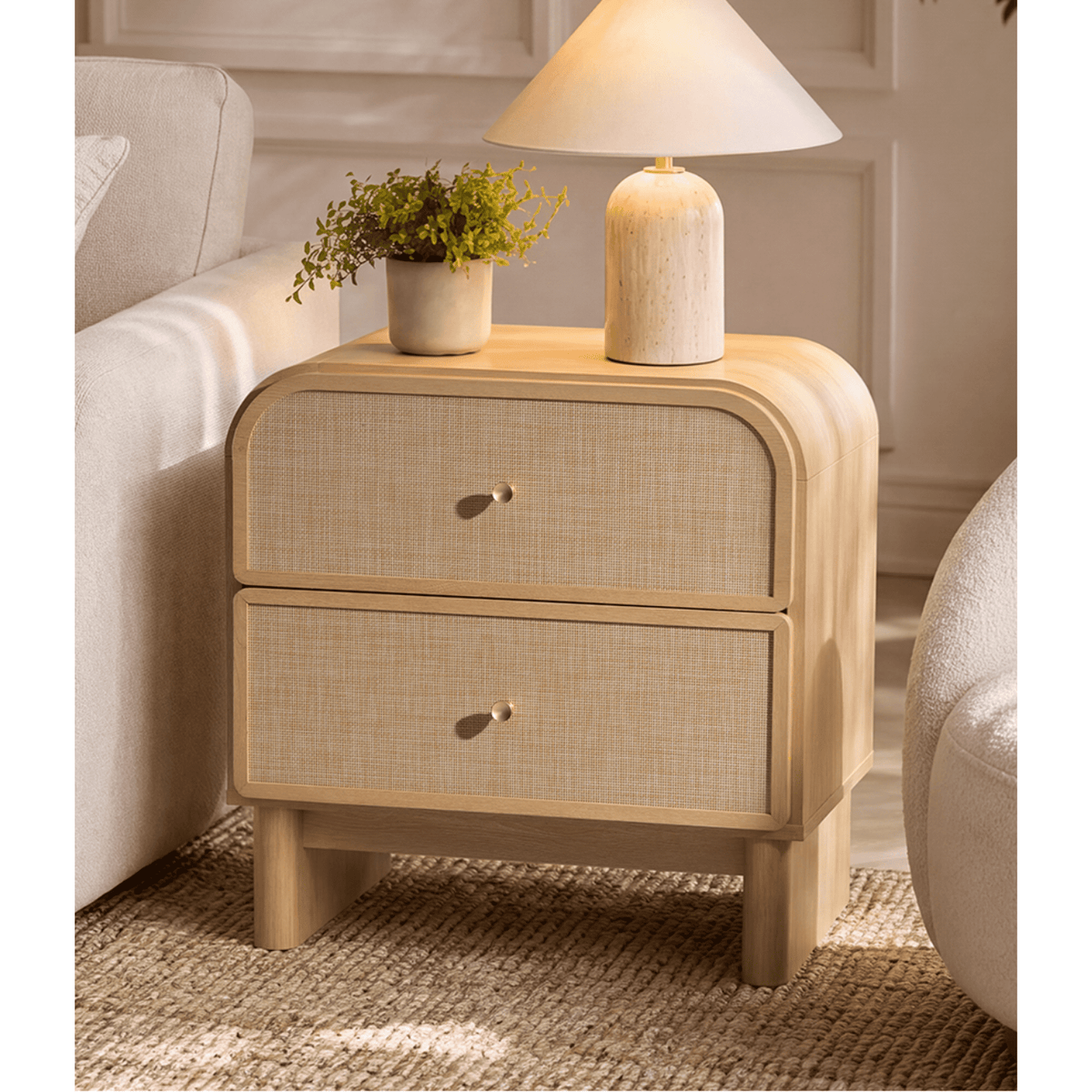 Hvoonc Nightstands Set of 2 with 2 Drawers, Large Rounded Rattan Bedside Tables with Storage, Modern End Tables for Bedroom, Natrual Oak Wood Finish