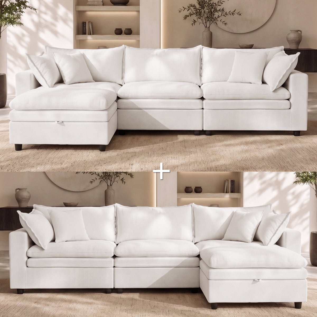Hvoonc Oversized Down-Filled Modular Sectional Sofa for Living Room, 6-Seater Couch with 2 Storage Ottomans, Textured Chenille, Washable Covers, Beige