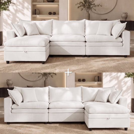 Hvoonc Oversized Down-Filled Modular Sectional Sofa for Living Room, 6-Seater Couch with 2 Storage Ottomans, Textured Chenille, Washable Covers, Beige