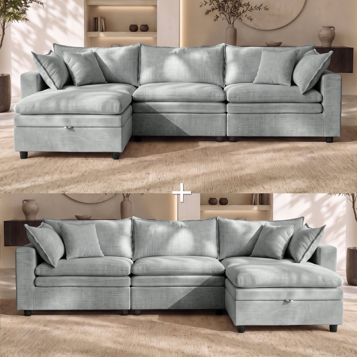 Hvoonc Oversized Down-Filled Modular Sectional Sofa for Living Room, 6-Seater Couch with 2 Storage Ottomans, Washable Covers, Tool-Free Assembly, Light Gray