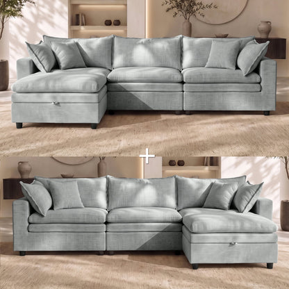 Hvoonc Oversized Down-Filled Modular Sectional Sofa for Living Room, 6-Seater Couch with 2 Storage Ottomans, Washable Covers, Tool-Free Assembly, Light Gray
