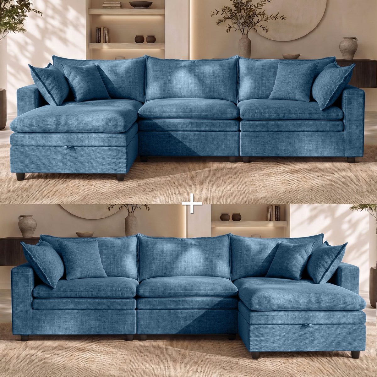 Hvoonc Oversized Down-Filled Modular Sectional Sofa for Living Room, 6-Seater Couch with 2 Storage Ottomans, Washable Covers, Tool-Free Assembly, Navy Blue