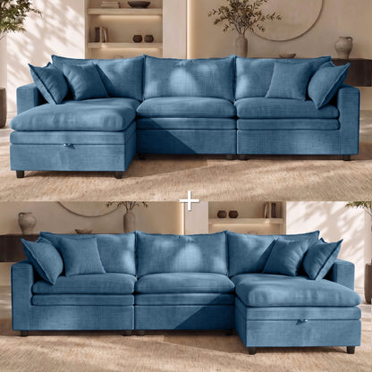 Hvoonc Oversized Down-Filled Modular Sectional Sofa for Living Room, 6-Seater Couch with 2 Storage Ottomans, Washable Covers, Tool-Free Assembly, Navy Blue
