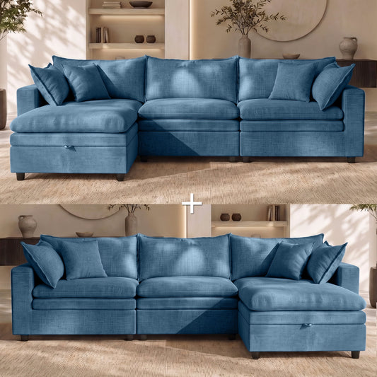Hvoonc Oversized Down-Filled Modular Sectional Sofa for Living Room, 6-Seater Couch with 2 Storage Ottomans, Washable Covers, Tool-Free Assembly, Navy Blue