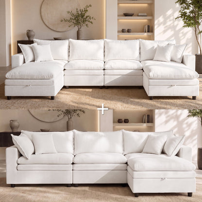 Hvoonc Oversized Down-Filled Modular Sectional Sofa for Living Room, 7-Seater Couch with 3 Storage Ottomans, Textured Chenille, Washable Covers, Beige
