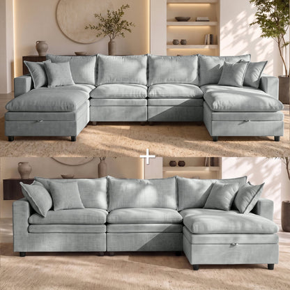 Hvoonc Oversized Down-Filled Modular Sectional Sofa for Living Room, 7-Seater Couch with 3 Storage Ottomans, Washable Covers, Tool-Free Assembly, Light Gray