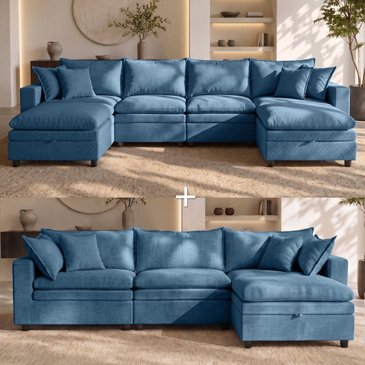 Hvoonc Oversized Down-Filled Modular Sectional Sofa for Living Room, 7-Seater Couch with 3 Storage Ottomans, Washable Covers, Tool-Free Assembly, Navy Blue