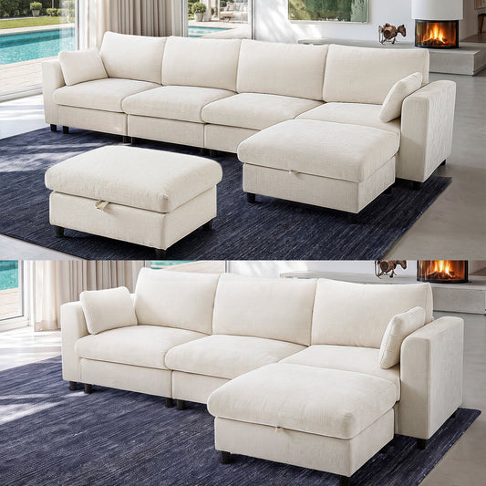 Hvoonc Oversized Modular Sectional Couches for Living Room, 7-Seater Chenille Sofa with 3 Storage Ottomans, Washable Covers, Tool-Free Assembly, Beige