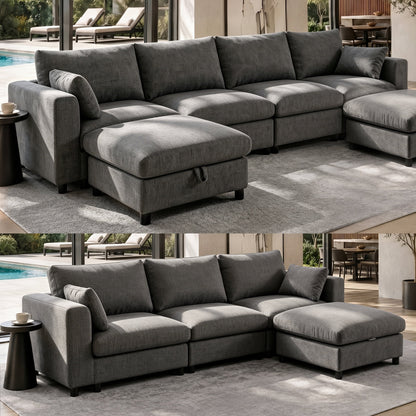 Hvoonc Oversized Modular Sectional Couches for Living Room, 10-Piece Sofa Set with Storage Ottomans, Washable Chenille Covers, Tool-Free Assembly, Dark Gray