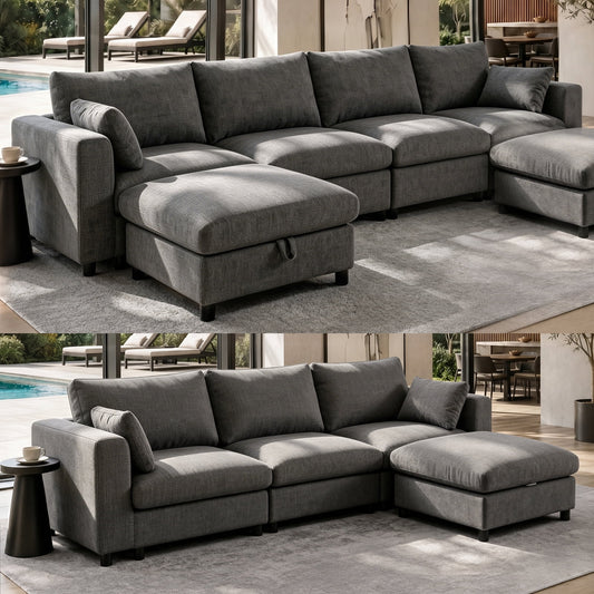 Hvoonc Oversized Modular Sectional Couches for Living Room, 10-Piece Sofa Set with Storage Ottomans, Washable Chenille Covers, Tool-Free Assembly, Dark Gray