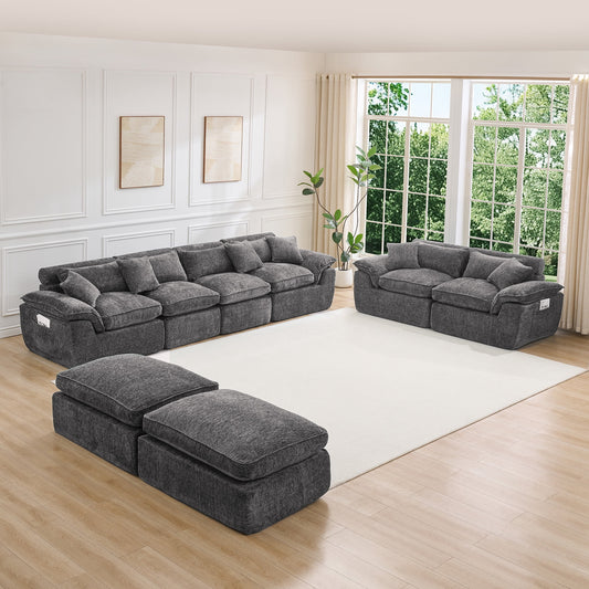 Hvoonc Oversized Modular Sectional Couches for Living Room, Boneless Cloud Chenille Couch in a Box with 23.6" Deep Seats & 2 Ottomans, Dark Gray