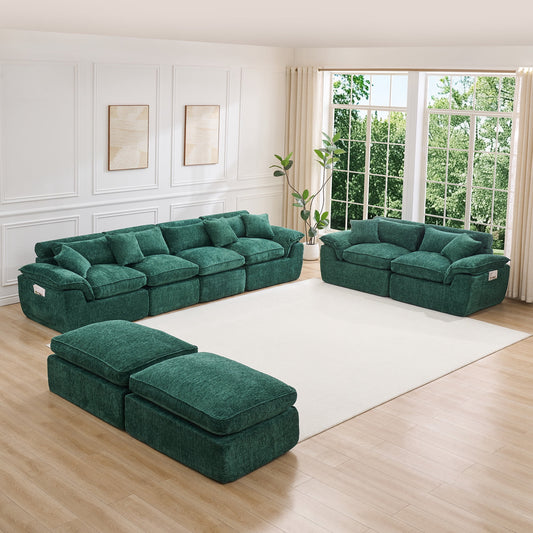 Hvoonc Oversized Modular Sectional Couches for Living Room, Boneless Cloud Chenille Couch in a Box with 23.6" Deep Seats & 2 Ottomans, Dark Green