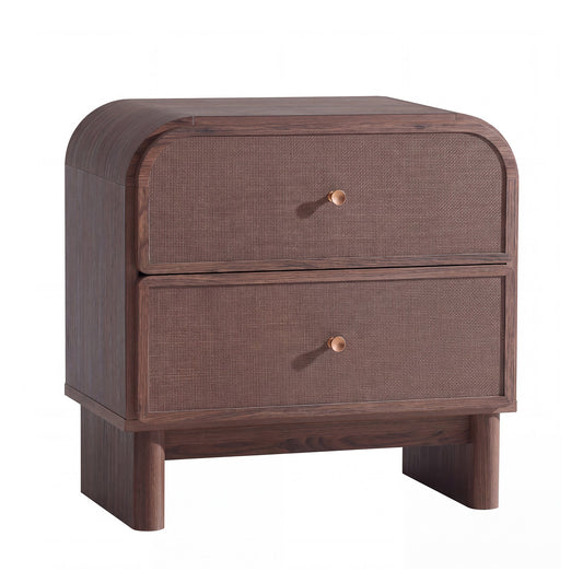 Hvoonc Nightstands Set of 2 with 2 Drawers, Large Rounded Rattan Bedside Tables with Storage, Modern End Tables for Bedroom, Dark Oak Wood Finish