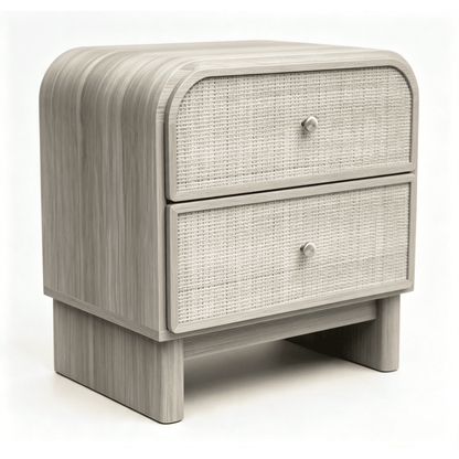 Hvoonc Rattan Nightstand with 2 Drawers, Large Rounded Corner Bedside Table with Storage, Modern End Table for Bedroom, Gray Oak Wood Finish