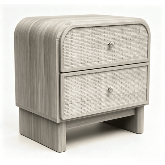 Hvoonc Rattan Nightstand with 2 Drawers, Large Rounded Corner Bedside Table with Storage, Modern End Table for Bedroom, Gray Oak Wood Finish