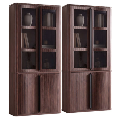 Hvoonc Set of 2 77" Tall Fluted Accent Storage Cabinet with Doors and Shelves, Kitchen Pantry Cabinet Display Glass for Dining Room Home Office, Walnut Brown
