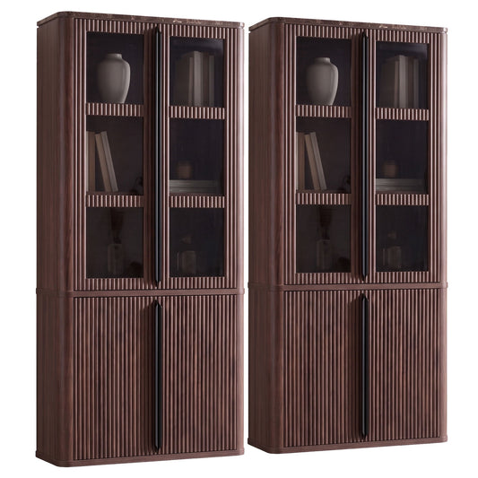 Hvoonc Set of 2 77" Tall Fluted Accent Storage Cabinet with Doors and Shelves, Kitchen Pantry Cabinet Display Glass for Dining Room Home Office, Walnut Brown